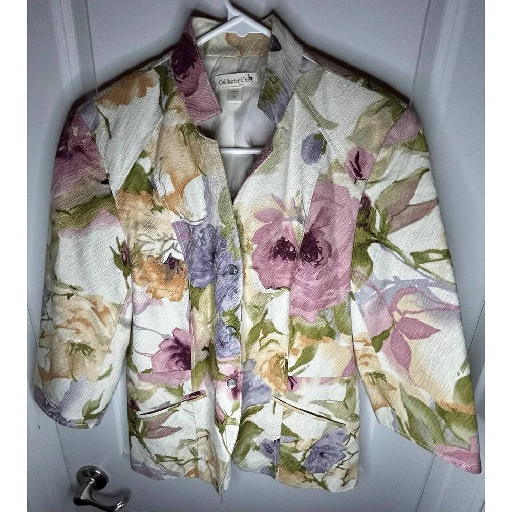 Vintage‎ 90's Coldwater Creek Floral AOP Pearl Snap Button Up Blazer Jacket